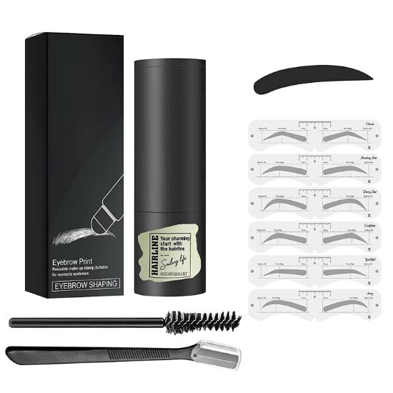 Eyebrow Stamp Kit, One Step Eyebrow Stencil Kit Perfect Eyebrow Definer with Trimmer and Eyebrow Brush, Easy to Use Reusable Waterproof